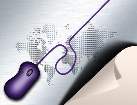 A curled paper and a computer mouse. Digital World map background