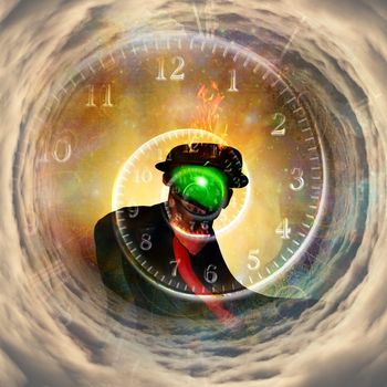 Man in black suit. Green apple face. Time spiral in vortex of clouds. 3D rendering