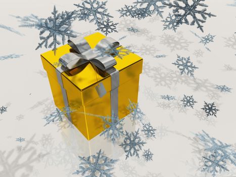 Golden Christmas gift box with silver ribbon, snowflakes.