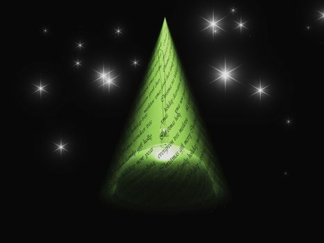 Text with light in shape of tree reveals Christmas ornament