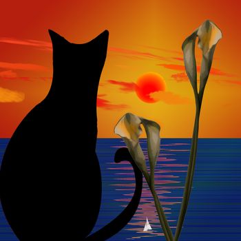 Black cat. Sunset above calm ocean. Lily flowers