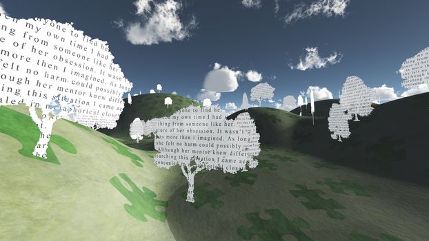 Fantasy landscape with tress made of paper with text. Writing is my own