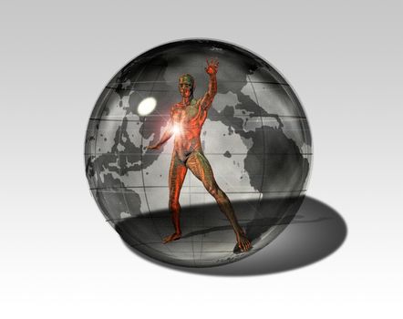 Cyborg man in Planet Earth sphere