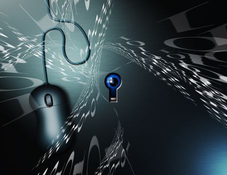 Binary code and computer mouse. Eye behind keyhole symbolizes digital espionage