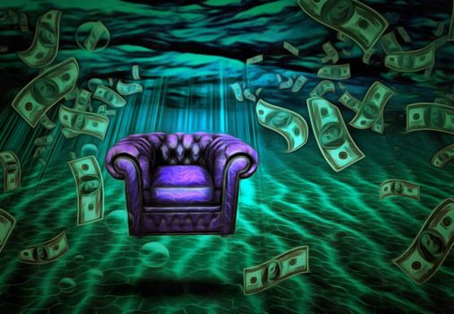 Surrealism. Comfort zone. Armchair under the sea. Dollars floats near the armchair.
