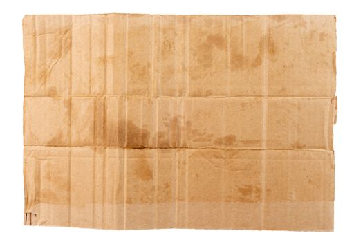 rectangular blank flat dirty sheet of cardboard - mockup for homeless placard, isolated on white background.