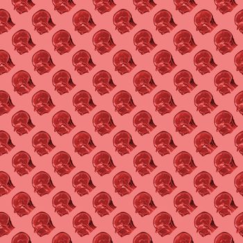 seamless regular pattern of red sagittal MRI scans of sixty years old caucasian female head on pink background