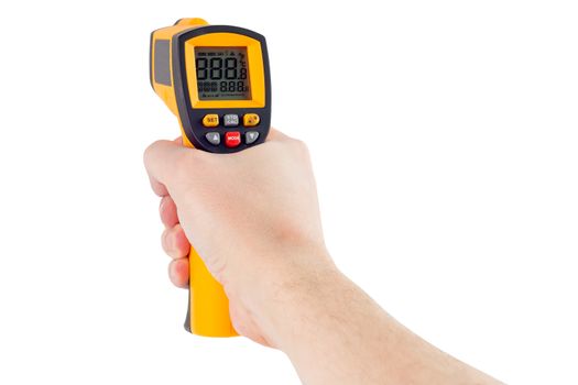 hand aiming with infrared contactless thermometer isolated on white background, mockup display state.