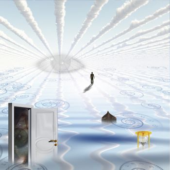 Open door in watery landscape with partially submerged hourglass , an empty boat, human figure walks toward surreal eye.