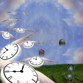 Symbolic composition. Hourglass and floating stones. Winged clocks represents flow of time.