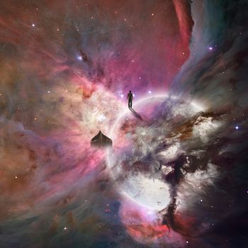 Man in open space. Vivid nebulae and glowing planet