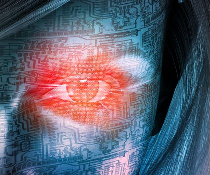 Cyborg woman face. Binary code in red eye, circuit pattern
