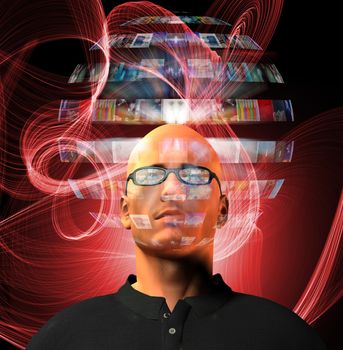 Man views video sphere surrounding his head. Red swirling lights background