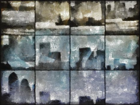 Abstract painting. Urban silhouettes on square mosaic pattern.