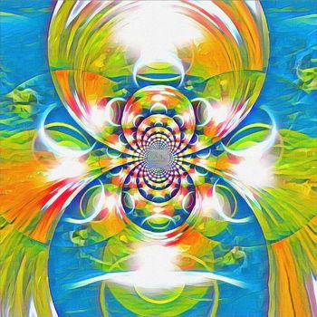 Abstract painting. Mirrored round fractal in vivid colors. Dance of light