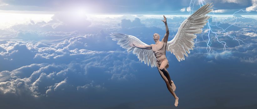 Surrealism. Man with angel's wings flies in cloudy sky.