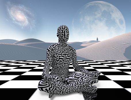 Surrealism. Man with maze pattern sits in lotus pose on a chess board. Lonely traveler in the white sands dune