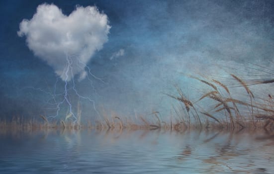 Surreal digital art. Storm cloud in shape of heart over quiet pond.