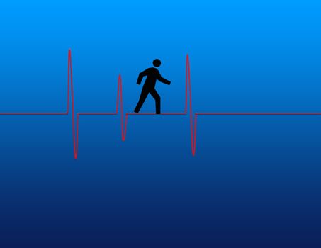 Man silhouette walks on heartbeat cardiogram