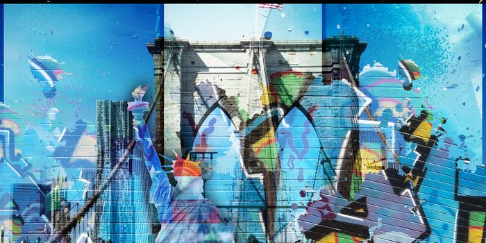 Surreal digital art. Brooklyn bridge and Liberty statue on New York's cityscape. Pieces of graffiti.