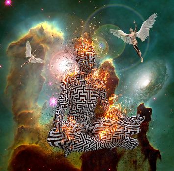 Surrealism. Figure of man with maze pattern in lotus pose in flames. Men with wings represents angels. Meditation