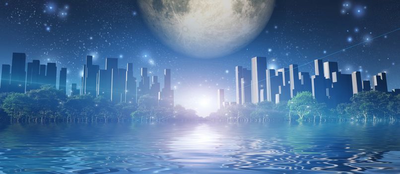Surreal digital art. City of future surrounded by green trees in water world. Giant moon in the sky.