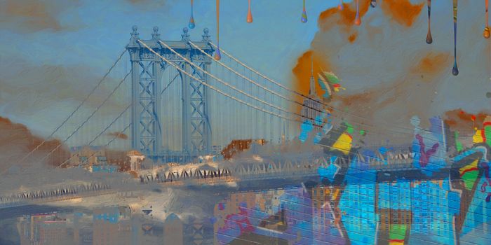 Surreal digital art. Manhattan bridge on New York's cityscape. Pieces of graffiti and paint drops.