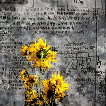Abstract composition. Yellow flowers on ancient symbols background