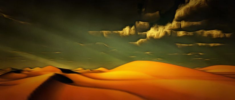 Desert landscape. Sunshine and clouds