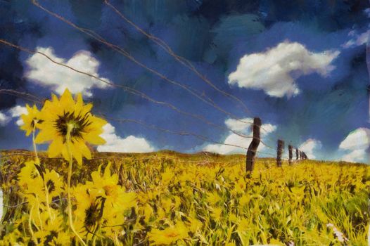 Painting. Sunflowers grows on the field. Rural landscape