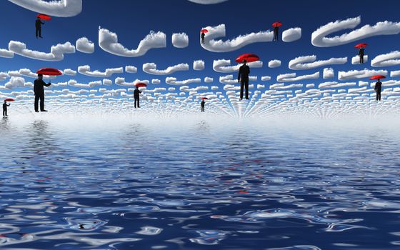 Men with red umbrella floats under query clouds.