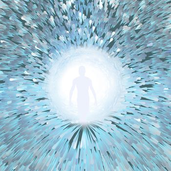 Tunnel of Light with human figure. Soul. 3D rendering