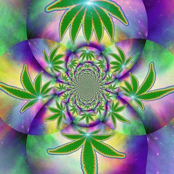 Abstract painting. Mirrored round fractal with marijuana leaf.