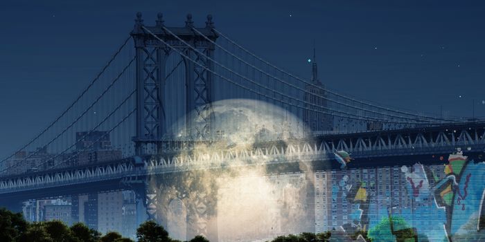 Surreal digital art. Manhattan bridge on New York's cityscape. Giant moon, pieces of graffiti.