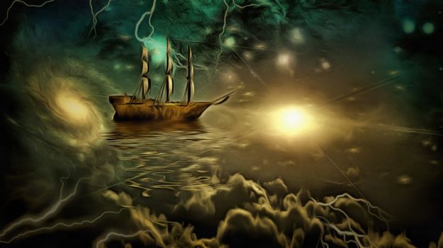 Surreal painting. Ancient ship in the sky.