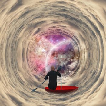 Business man in red umbrella floating in the tunnel of clouds to the space