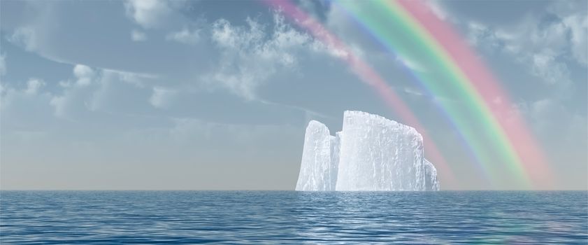 Surreal digital art. Big iceberg floats in quiet ocean. Rainbow in the cloudy sky.