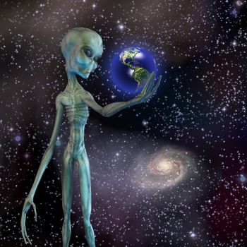 Alien being ponders earth. Spiral galaxy in starry space