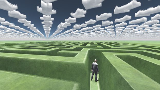 Figure inside of maze with arrow clouds above