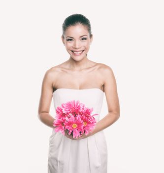 Bridesmaid wedding dress girl with flower bouquet. Asian woman beauty in studio. Maid of honor or bride getting married.
