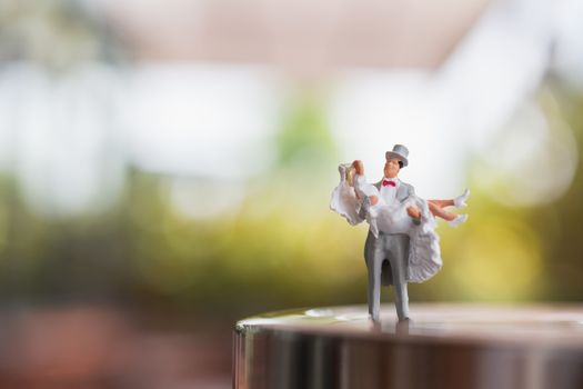 Miniature people : Bride and groom couple standing on The stage , Happy valentine's day concept