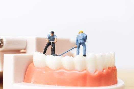 Miniature people : Worker team repairing a tooth ,Healthcare and medical concept