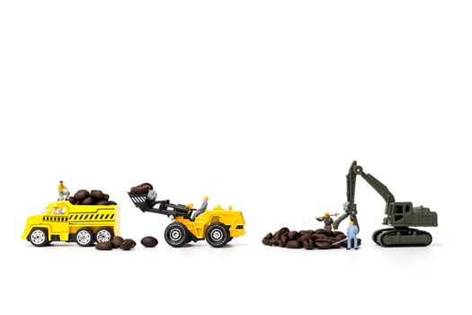 Miniature people working with roasted coffee beans on white background , Coffee time concept