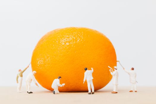 Miniature people: Workers are painting color on orange peels , Creative concept.