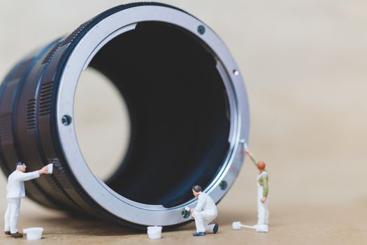 Miniature people : Worker team checking The pipe , Plumbing repair service concept