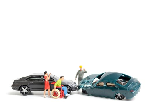 Miniature people : Accident scene, car crash on white background , Safety driving concept