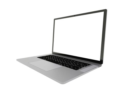 Silver laptop right side view with white screen isolated on white background