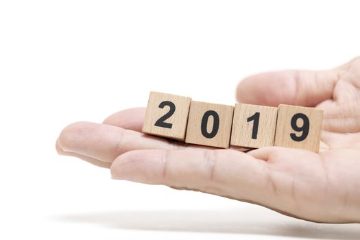 Hand holding wooden block 2019 on white background , Happy new year concept