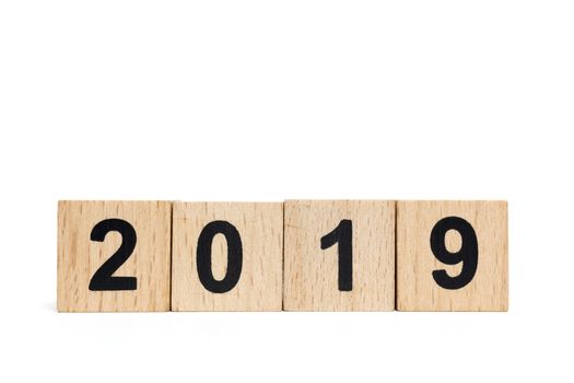 Wooden block Number 2019 isolated on white background , Happy new year concept


