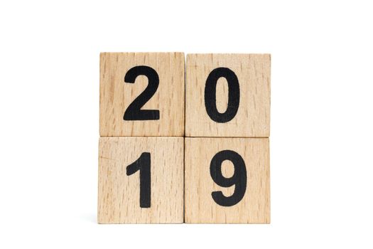 Wooden block Number 2019 isolated on white background , Happy new year concept